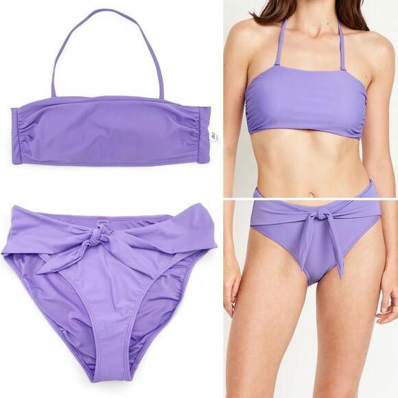 NWT Old Navy Purple Bandeau Bikini Set Size Large Tie Front High Rise Bottom - Picture 1 of 16